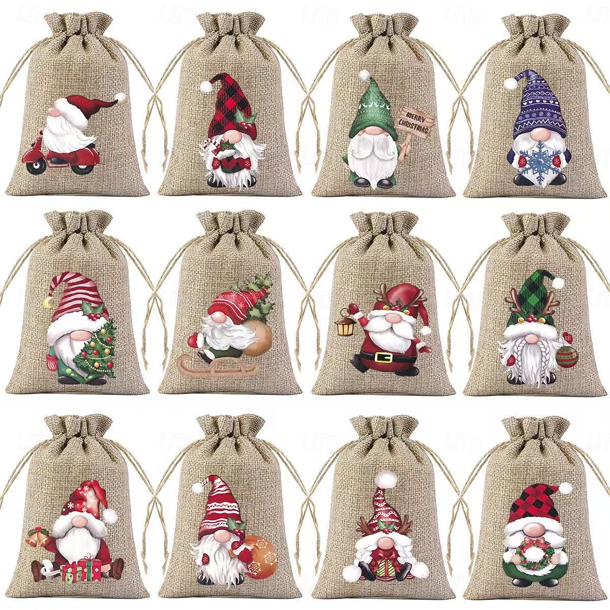 Zestaw 12 świątecznych torebek prezentowych z juty z losowymi świątecznymi wzorami, małe woreczki na upominki, idealne na święta Bożego Narodzenia i Nowy Rok 2026 - $17.49 –P7