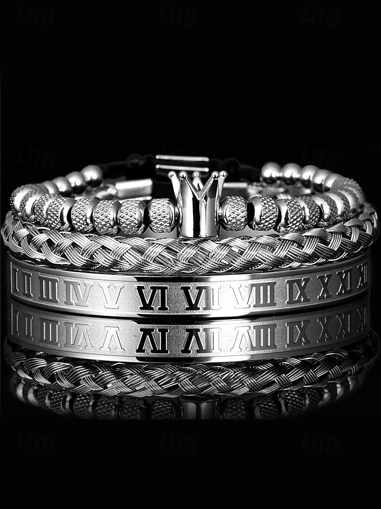set di bracciali da uomo in acciaio inossidabile dorato: bracciale a 3 pezzi con corona di perline, polsino intrecciato e bracciale con numeri romani per abiti alla moda, feste e occasioni speciali del 2025 a $18.99 –P9