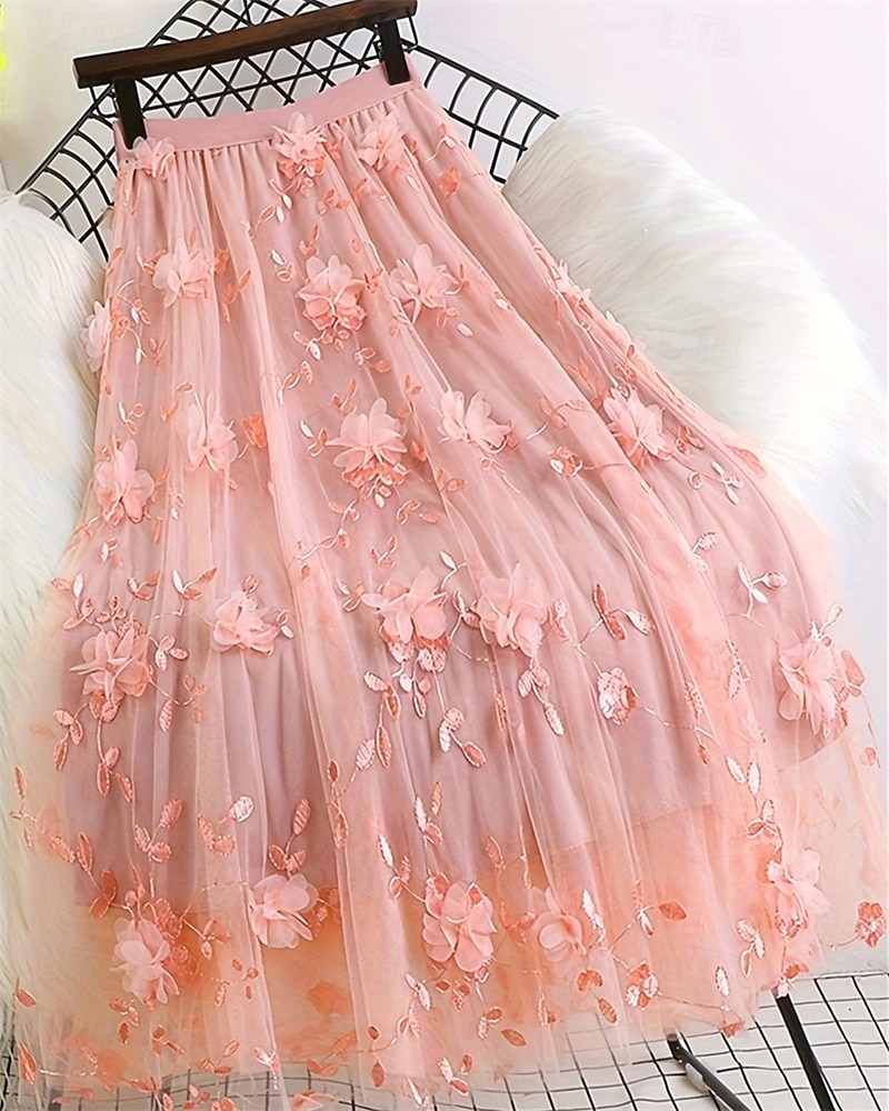 Damen Rock Schwingend Gazeröcke Mode Lässig Midi Mittlere Hüfthöhe Röcke Blumen Tüll Fließend Mikroelastisch Urlaub Straße Schwarz Weiß Rosa Grau Frühling Polyester 2025 - $25.99 –P7