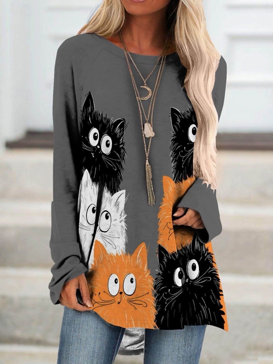 Maglietta da donna tunica grafica animale vintage stilosa classica a manica lunga con scollatura rotonda top regolari da giorno stampa bianca blu grigia primavera autunno preautunno del 2026 a $26.99 –P1