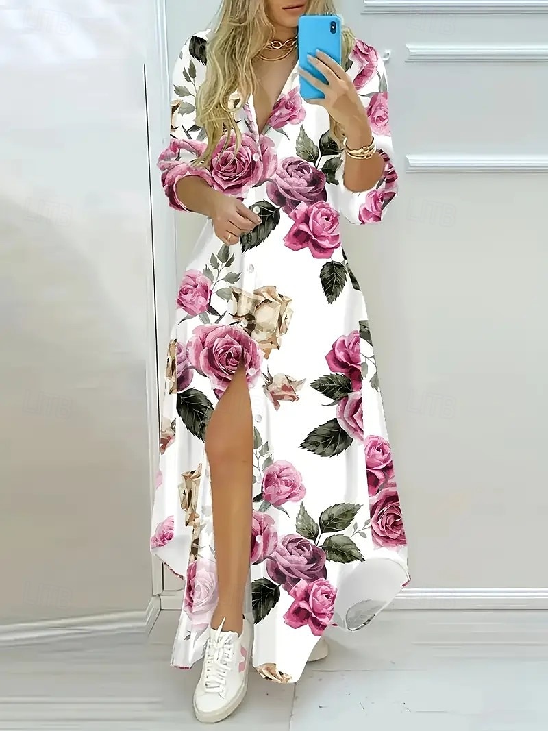Damskie Sukienka maxi Sukienka blezer Sukienka ołówkowa Urlop Codzienny Formalny Impreza Biuro Regularny Kwiaty Graficzny Długi rękaw Kołnierzyk koszuli Biały Rumiany róż Czerwony Lato Wiosna Jesień 2025 - $38.99 –P1