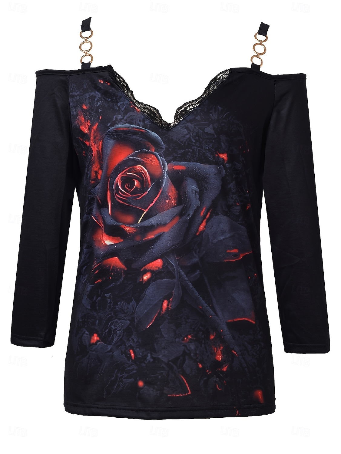 Damska bluzka grafika róży vintage stylowa nowoczesna długi rękaw dekolt w kształcie litery V z odkrytymi ramionami regularne bluzki codzienny ubiór wyjściowy patchworkowy nadruk czarny lato wiosna 2026 - $32.99 –P2