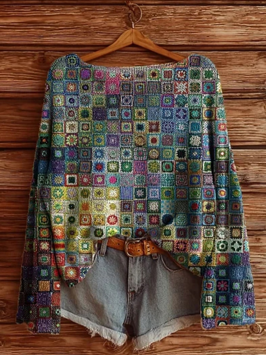Pull femme décontracté doux géométrique vintage manches longues col rond régulier hauts quotidien vacances imprimé jaune bleu violet vert printemps automne hiver de 2025 ? $22.99 –P3