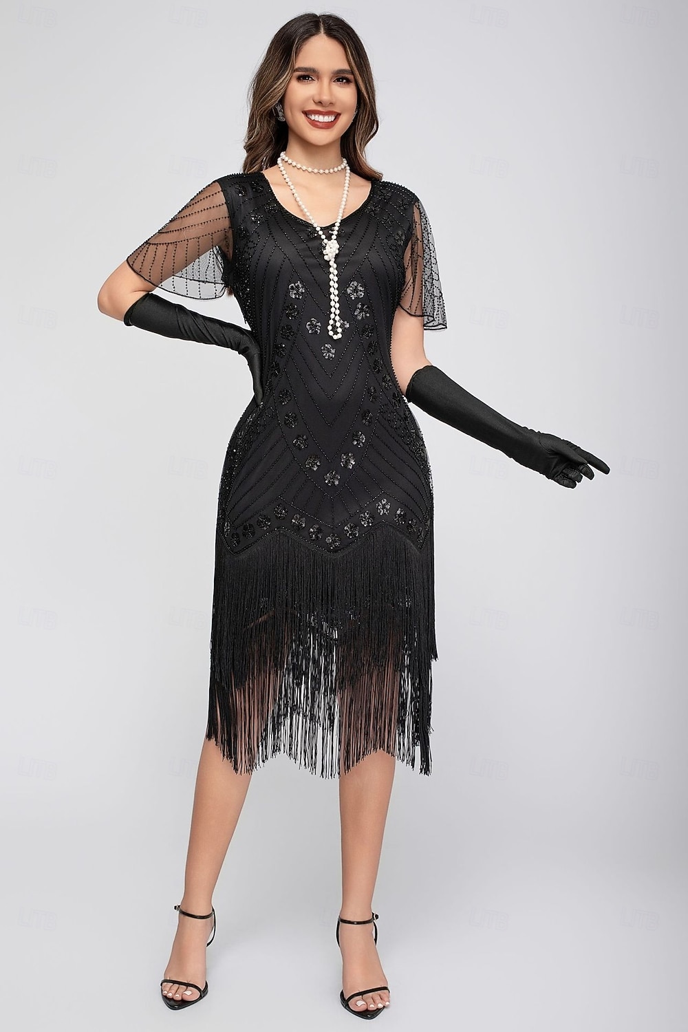 Rugido 20s 1920s Hasta la Rodilla Vestido Flapper Mangas cortas El gran Gatsby Chica de la aleta Lentejuelas Franja Funda Columna Escote en Pico Disfraz Mujer Navidad Carnaval Fiesta de Noche Boda 2026 - $46.99 –P1