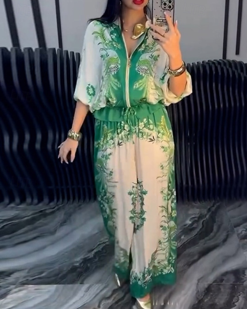 2025年 女性用 活発的 ファッション ブラウス パンツセット 長袖 スタンド フラワー ドローストリング プリント アウトドア お出かけ ブルー オレンジ グリーン 秋 レギュラー  コレクション – $39.99 –P8