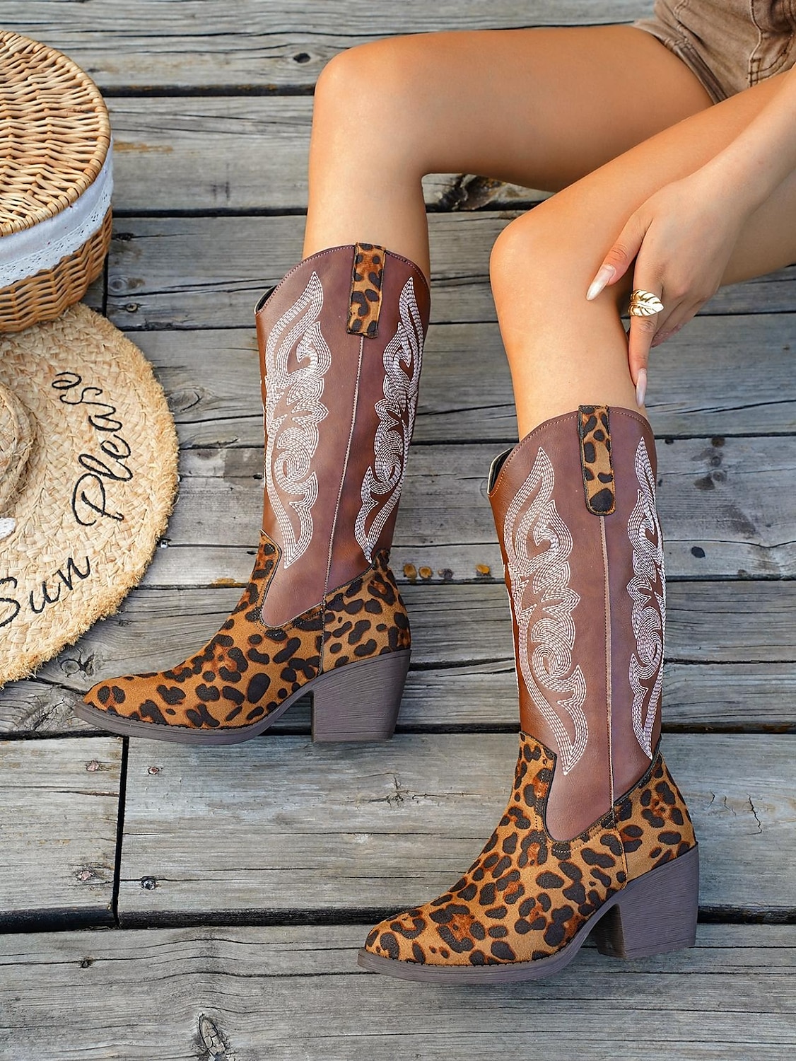leopardmönstrade westerncowboystövlar för kvinnor – broderade knähöga cowgirlstövlar med blockklack för rodeo, countrykonserter och höstkläder 2025 - $34.99 –P6