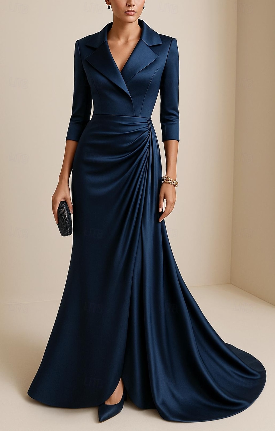 Sirena / Tromba Abito da Sera Elegante Vestito Formale Matrimonio Lunghezza al pavimento Manica 3/4 Bavero Raso Elasticizzato con Pieghe Volant 2025 del 2025 a $149.99 –P1