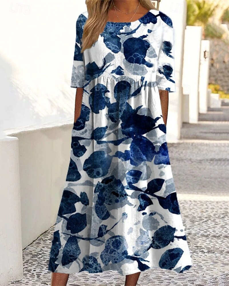 Women's Midi Dress Casual Dress Summer Dress Fashion Modern Daily Beach Weekend Regular Fit Flower Short Sleeve Crew Neck Blue Green Dark Blue Summer Spring 2026 - $25.99 –P1