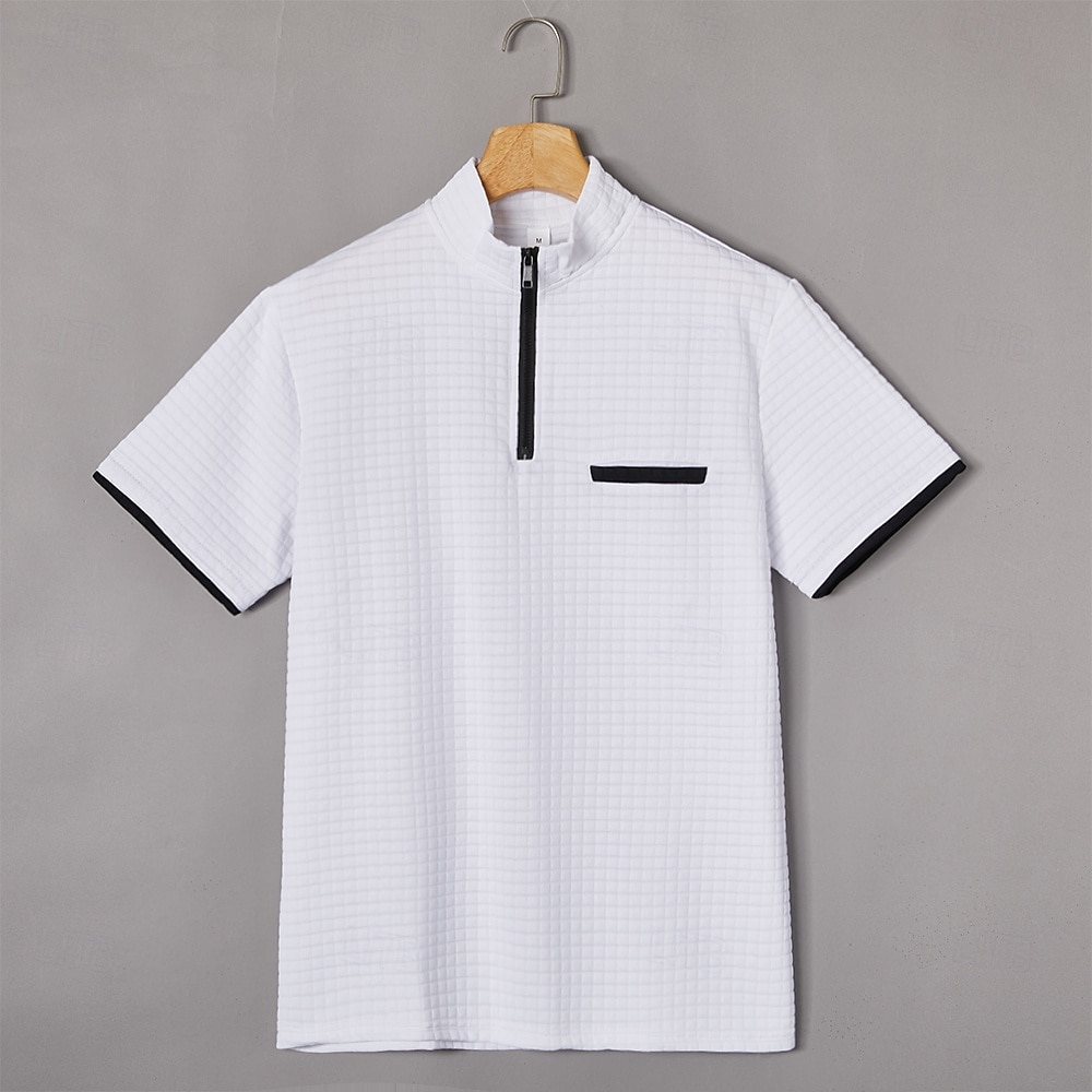 Voor heren Wafel Poloshirts Polo met rits Casual Feestdagen Kwart ritssluiting Korte mouw Modieus Basic Effen Kwart ritssluiting Zomer Lente Normale pasvorm Zwart Wit Marineblauw Oranje Wafel 2026 - $22.99 –P11