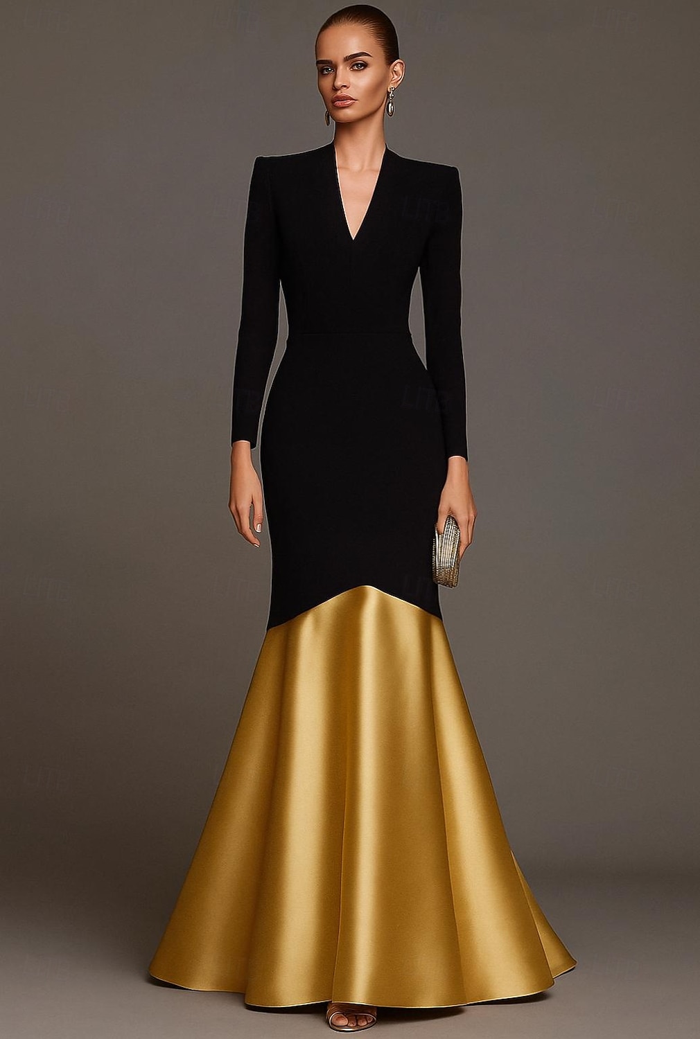 A-Linie Meerjungfrauenschnitt Abendkleid Elegant Kleid Formell Hochzeit Bodenlang Langarm V Ausschnitt Stretch-Crêpe mit Falten 2025 2025 - $135.99 –P1