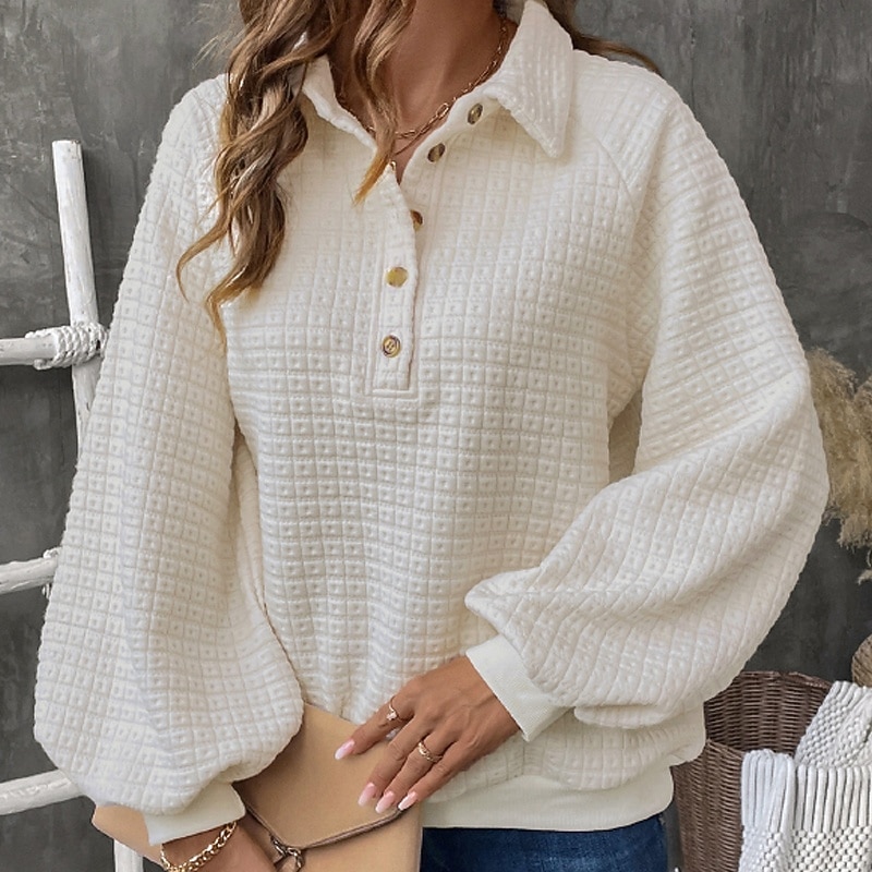 Hanorac textură pentru femei, hanorac tip waffle, pulover, hanorace, streetwear, simplu, casual, mânecă lungă, decolteu în V, topuri regulate, ieșiri în oraș, nasturi, bej, toamnă 2025 - $31.99 –P5