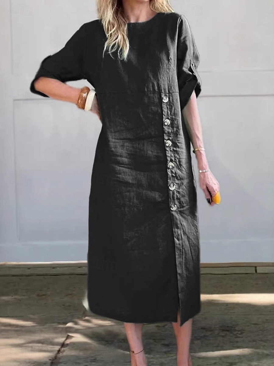 Pentru femei Rochii Midi Rochie casual Rochie din in bumbac De Bază Modern Zilnic Sfârșit de săptămână Fit regulat Simplu Lungime Manșon 3/4 Stil Nautic Negru Galben Albastru piscină Maro Var 2025 - $28.99 –P2