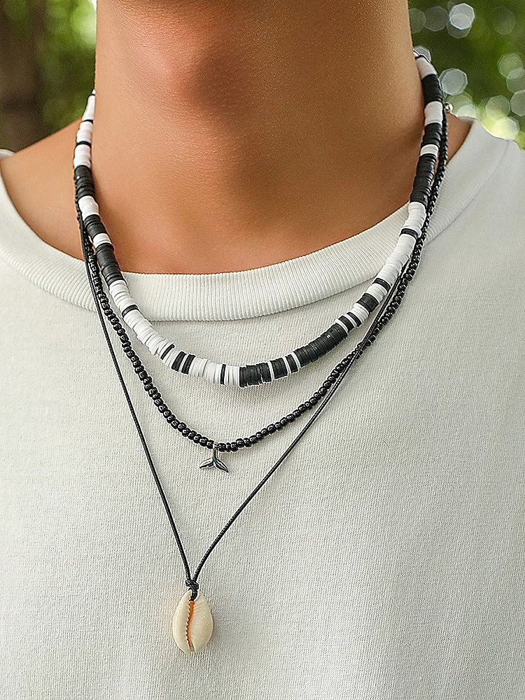 Мужской комплект из 3-х пляжных ожерелий: черные и белые бусины из смолы, подвеска из ракушек и цепочка из вощеной веревки — украшения в стиле серфера для лета, фестивалей и повседневных образов. 2026 - $11.99 –P2