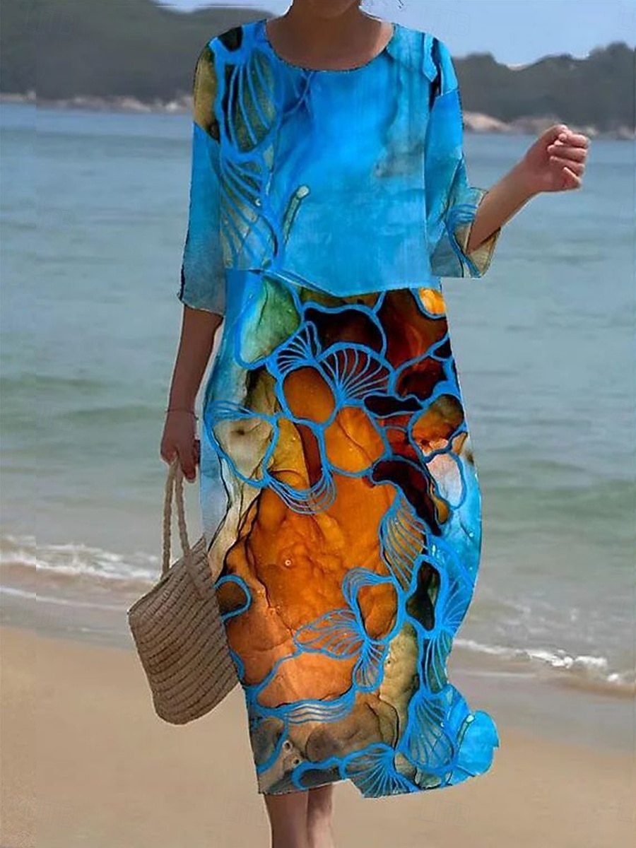 Damen Maxi Kleid Kaftan 3/4 Länge Ärmel Rundhalsausschnitt Lässiges Shift Kleid A-Linie Kleid Kleid Boho Alltag Urlaub Date Reguläre Passform Grafisch Geometrisch Abstrakt Gelb Blau Grün Frühling 2025 - $41.99 –P3
