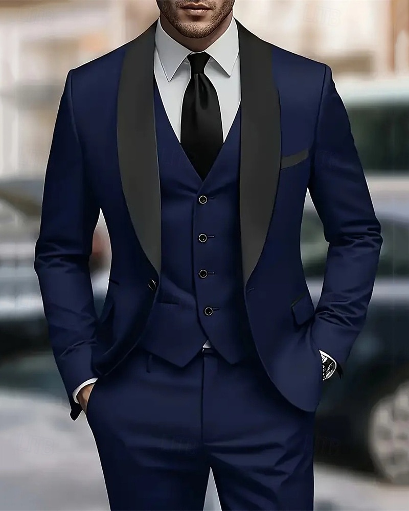 Herren Set Anzüge Anzugweste Geschäft Cocktailparty Hochzeitsfeier 3 Stück Mode Lässig Frühling Herbst Polyester Farbblock Tasche Knöpfe Bequem Einreihig Blazer Schwarz Weiß Burgunderrot Königliches 2025 - $79.99 –P17