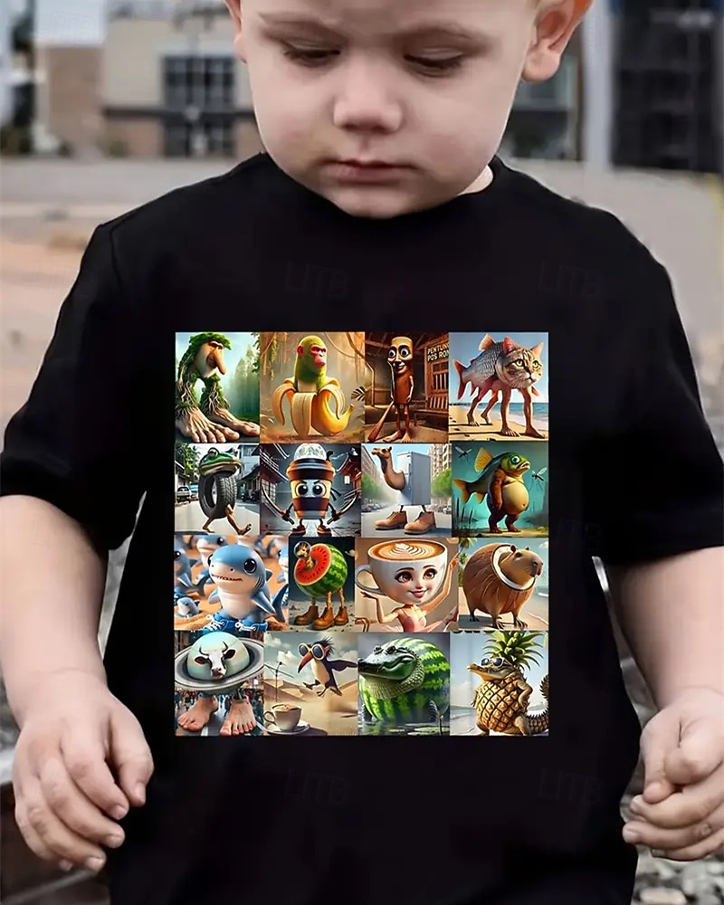 2025年 男の子用おもしろイタリアンブレインロットグラフィックTシャツ - 軽量で伸縮性のある生地を使用した軽量ストレッチTシャツ。4～12歳向け。普段使いにぴったりのカジュアルTシャツ。 &誕生日パーティーの衣装、子供用夏シャツ、遊び心のある子供用アプリ  コレクション – $11.99 –P1