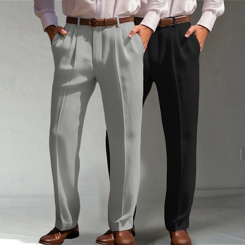 Herren Anzughose Leinenhosen Hose Sommerhose Fronttasche Falten Gerader Schnitt Einfach Komfort Atmungsaktiv Volle Länge Formell Geschäft Täglich Mode Basic Grün + grau Weiß + Khaki Unelastisch 2025 - $33.99 –P9