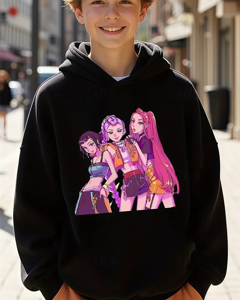 Kpop Demon Hunters pojkhuvtröja med grafisk design - långärmad, avslappnad tröja med livfullt anime-tryck för höst/vinter, perfekt för vardagskläder eller speciella tillfällen. Kpop-huvtröja 2025 - $18.99 –P6