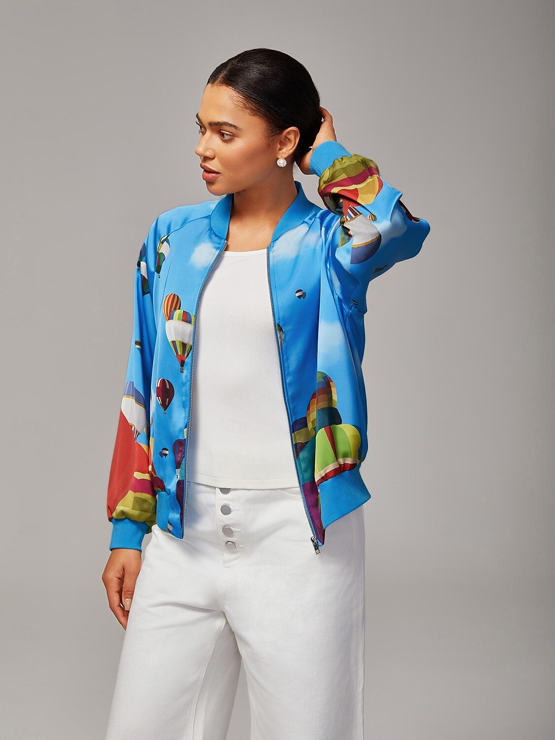 Giubbotto bomber da donna con stampa a mongolfiera, collo a coste, foderato, elegante, casual, da indossare tutti i giorni, da lavoro, autunno del 2025 a $78.99 –P3