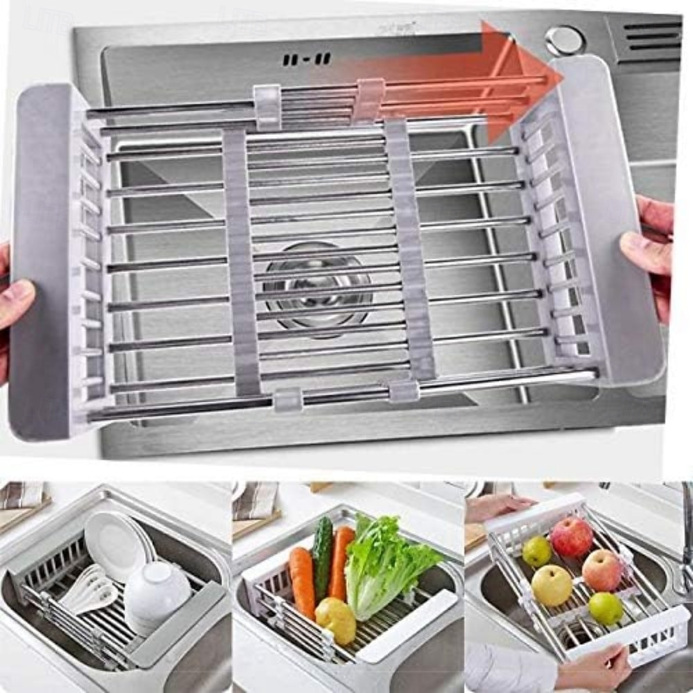 Abtropfgestell aus Edelstahl, ausziehbar, Küchensieb, Abtropfkorb über der Spüle, verstellbare Armlehne, Ablage für Spülschüssel, für Gemüse und Obst 2025 - $12.99 –P4