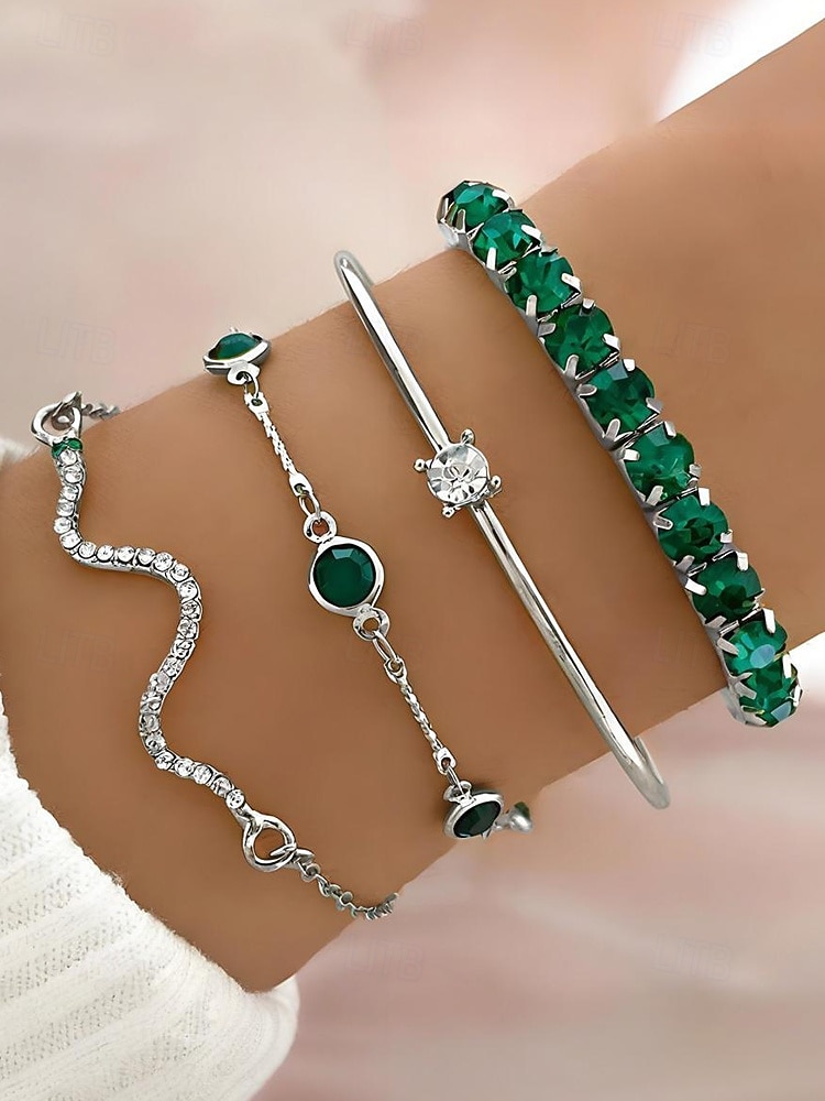 Set de brățări pentru femei cu cristale verzi aurii – 4 bijuterii elegante din aliaj cu lanț reglabil, accesorii la modă pentru petreceri, nunți și ocazii speciale 2025 - $9.99 –P1