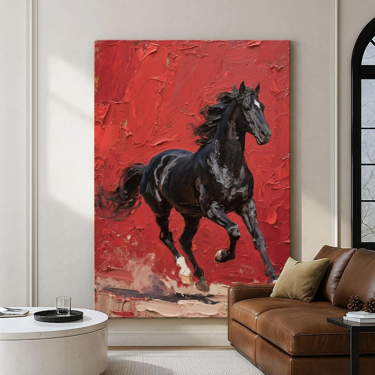 2025年 オリジナルの赤黒の質感のある馬の油絵、キャンバスに描かれた野生の種馬の壁アート、馬のパレットナイフのアートワーク、モダンで大胆な乗馬の装飾  コレクション – $38.99 –P3