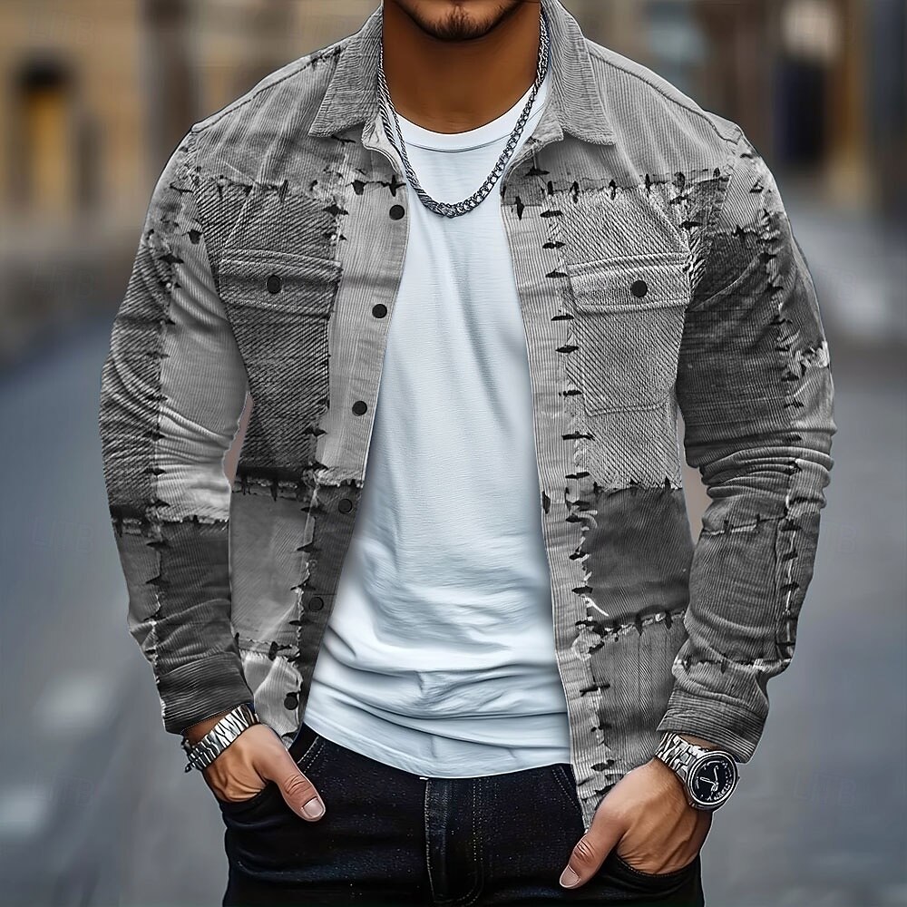 Pánské Barevné bloky Slátanina Jako džínovina Kordurová košile Košile bunda Overshirt Dlouhý rukáv Vintage Retro Venkovní Na den Podzim Zima Přehnutý Tlačítko dolů Teplé Bunda s klopovými kapsami 2025 - $29.99 –P5
