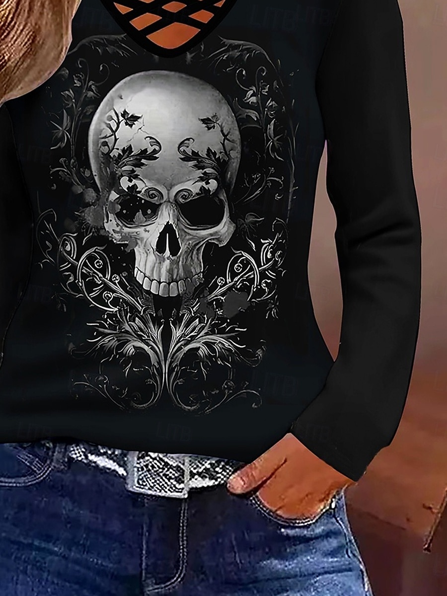 Halloween Femmes T-shirt Graphique Crâne Halloween ancien Élégant Classique manche longue Col en V Hauts Réguliers Quotidien Cravate Imprimé Noir Automne Hiver de 2025 ? $22.99 –P4