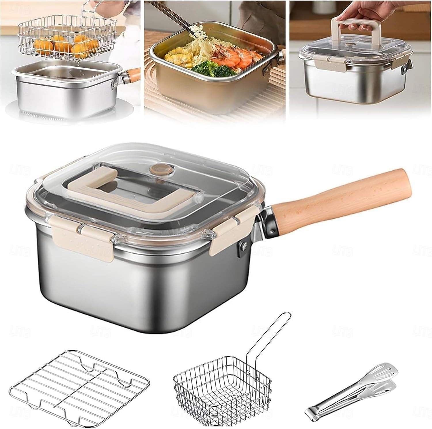 Padella quadrata in acciaio inox da 4 pezzi con cestello, friggitrice compatta quadrata multiuso con manico staccabile &design di scarico facile adatto a contenitori per la conservazione della del 2025 a $33.99 –P1