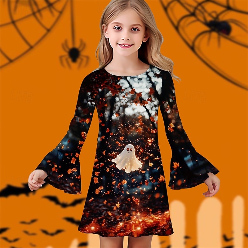 Halloween Dziewczyny ' 3D Duch Sukienka Sukienka z falbanami Długi rękaw Lato Wiosna Urlop Codzienny Święto Piękny Słodkie Dzieci 4-12 lat Codzienne sukienki Do kolan Regularny 2025 - $15.99 –P2