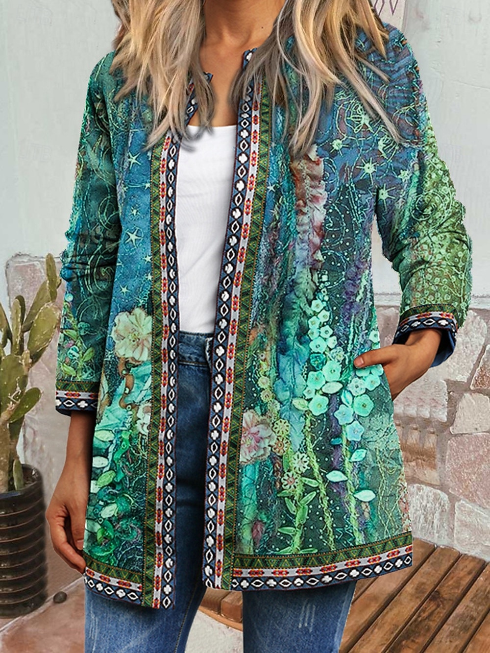 Dame Uformell jakke Vindtett Hold Varm Lomme Fargeblokk Åpen Forside Med lommer Årgang Moderne Fritid Blomstret Avslappet Daglig Fritid / hverdag Kort Crewneck Normal Langermet Yttertøy Lysegrønn 2025 - $31.99 –P6
