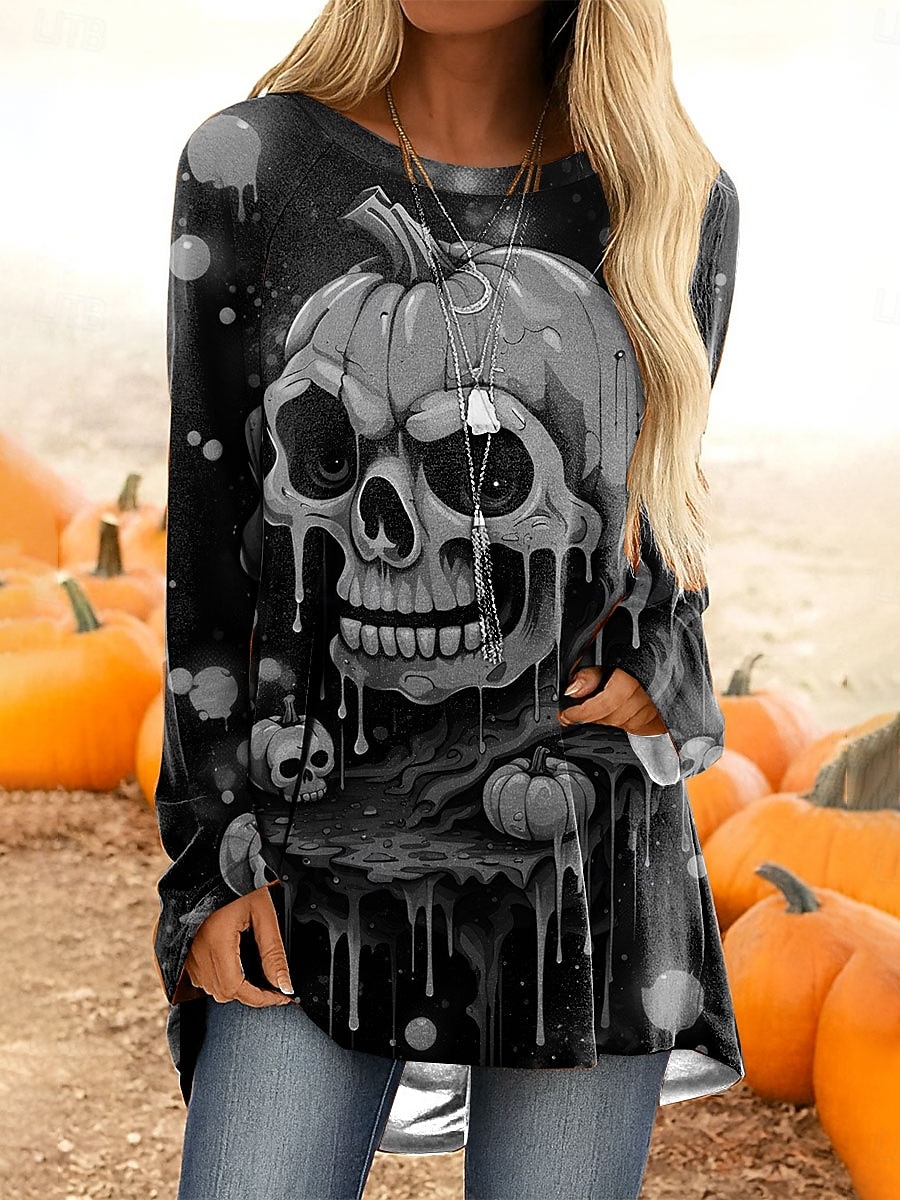 Halloween Dame T skjorte Grafisk Hodeskaller Gresskar Årgang Stilfull Fritid Langermet Crew-hals Vanlige topper Daglig Trykt mønster Rosa Blå Oransje Grønn Grå Vår Høst 2025 - $24.99 –P6