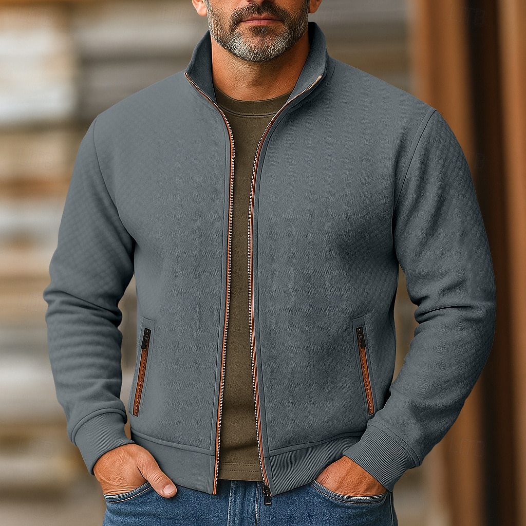 Voor heren Sweatshirt Sweatshirt met volledige ritssluiting Rode Wijn Zwart Marineblauw Khaki Grijs Opstaande boord Effen Met Textuur Sport & Outdoor Casual Dagelijks Streetwear Stoer Sportkleding 2026 - $24.99 –P2