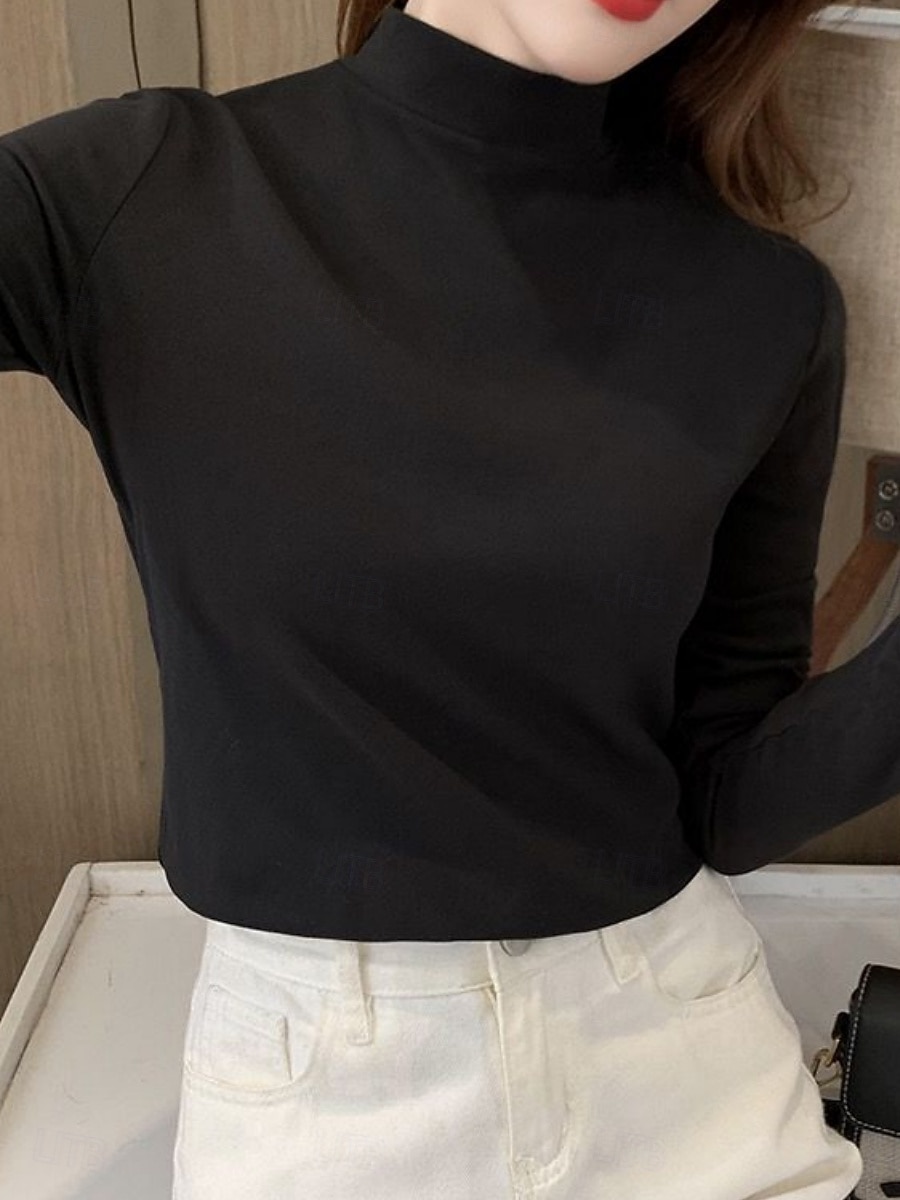 Damskie Bluzka Kwiaty Elegancki Podstawowy Codzienny Długi rękaw Wysoki Zwykłe topy Codzienny Czarny Biały Żółty Rumiany róż Brązowy Jesień Zima 2025 - $15.99 –P6