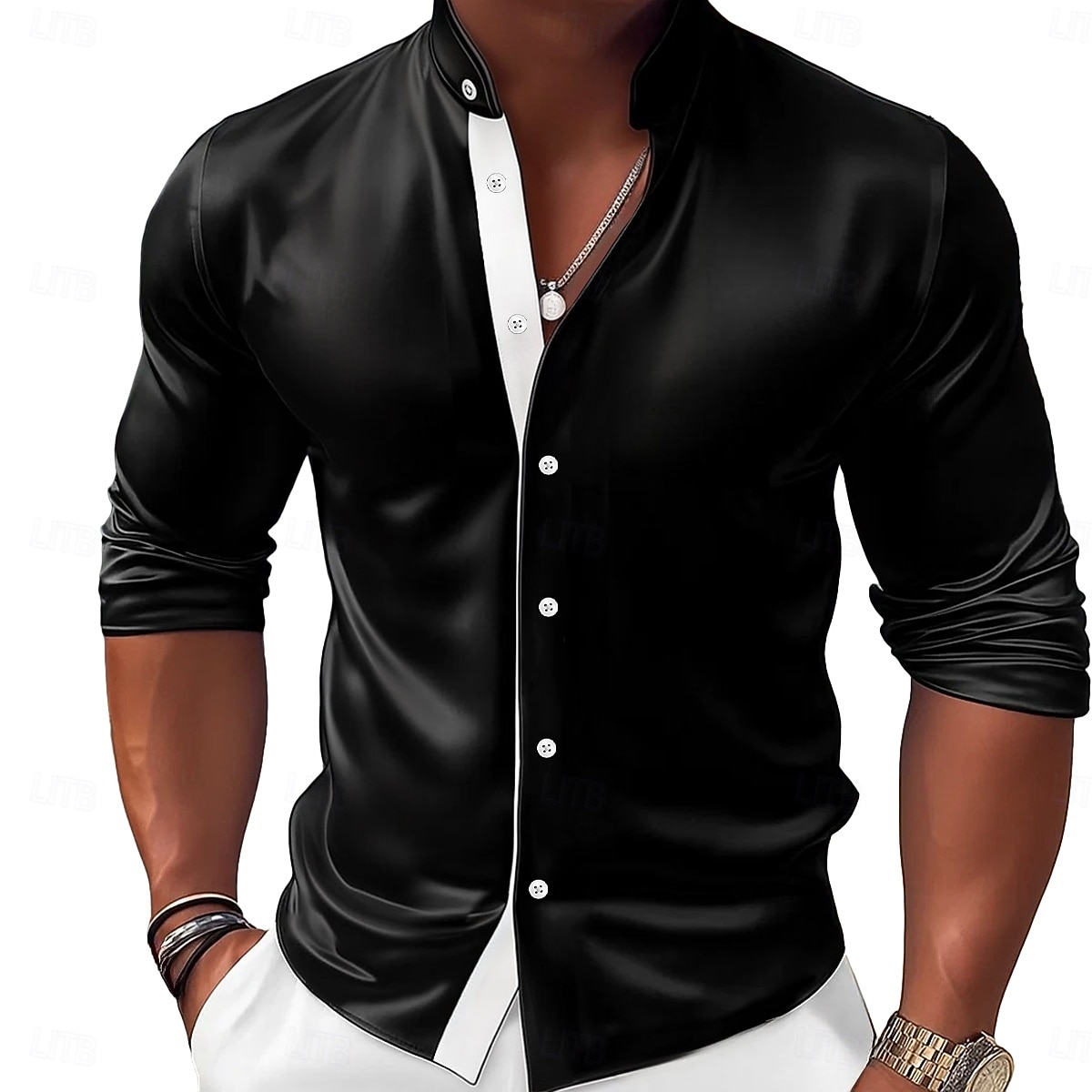 Herren Hemd Satinhemd Kleidhemd Freizeithemd Knopfhemd Abschlussballhemd Einfach Formell Hochzeit Schwarz Rote Königliches Blau Gold Langarm Stehkragen Ganzjahres Bekleidung Farbblock 2025 - $23.99 –P2
