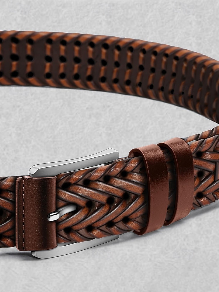 Pánský pletený opasek z pravé kůže – klasický tkaný design s leštěnou přezkou, odolný a nastavitelný doplněk v pase pro ležérní, obchodní a golfové outfity 2026 - $18.99 –P8