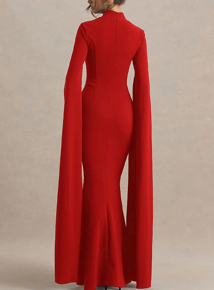 abito da sera a sirena/tromba con mantello rosso, elegante, formale, da sposa, lungo fino al pavimento, manica lunga, collo alto, in crêpe elasticizzato con spacco 2025 del 2025 a $132.99 –P2