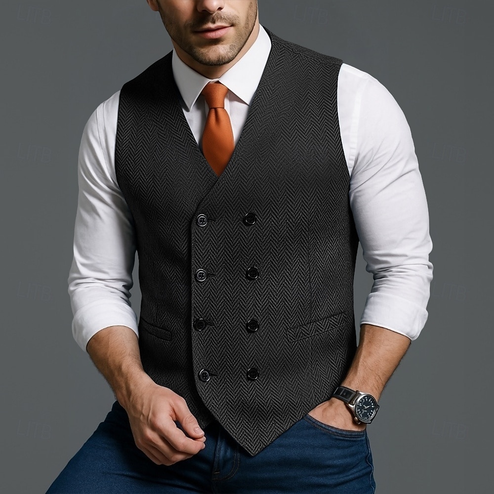 Homme Gilet Formel Vacances Quotidien Fête de mariage Mode Classique Printemps Automne Avec Poches Boutons Polyester Confortable Uni Chevrons Double Boutonnage Col en V Coupe Slim Noir Rouge bleu de 2025 ? $39.99 –P9