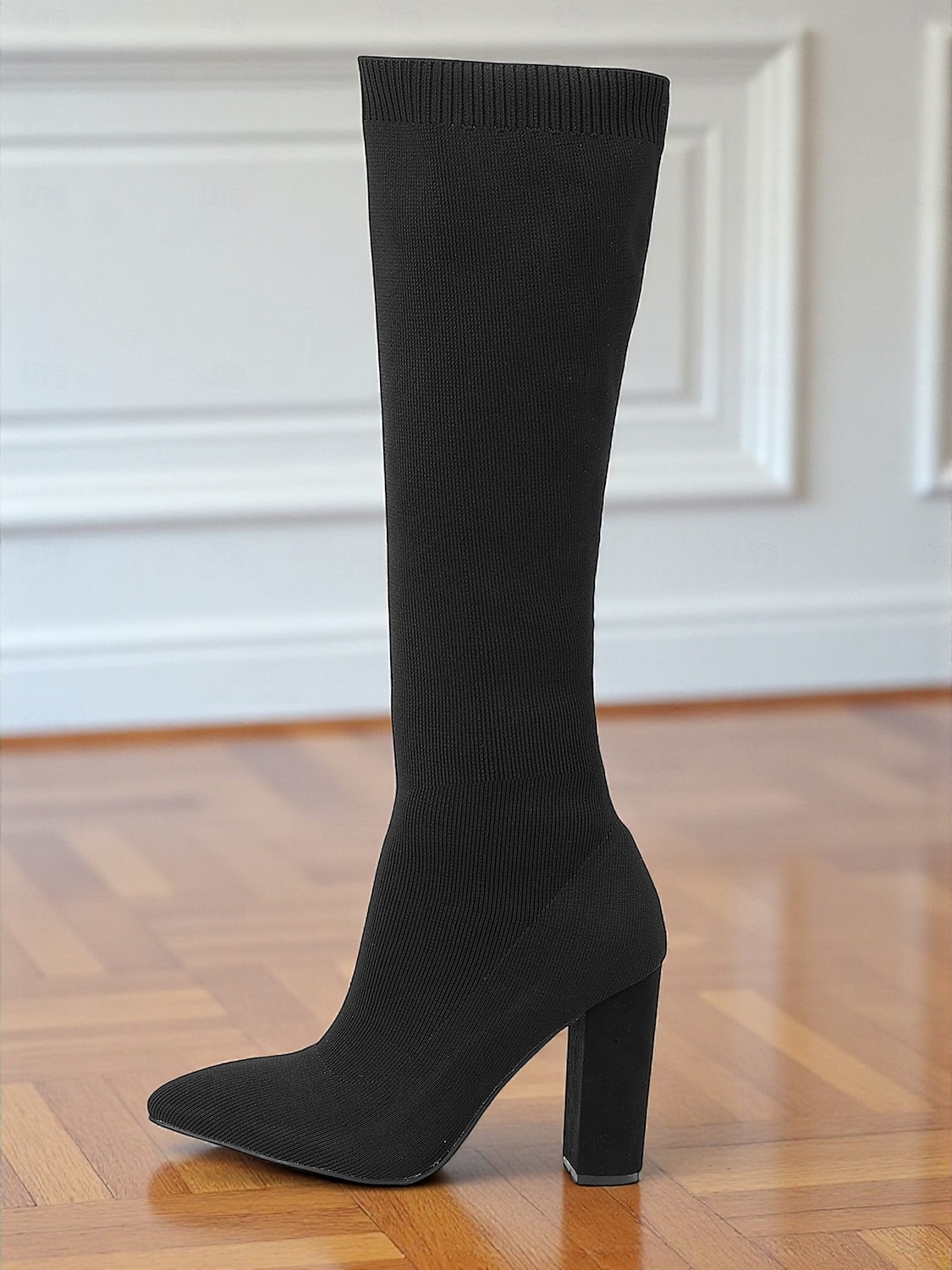 Botas altas hasta la rodilla rojas para mujer: botas largas de punto elástico, punta puntiaguda y tacón grueso para atuendos de otoño-invierno, fiestas y looks urbanos de moda. 2025 - $64.99 –P1