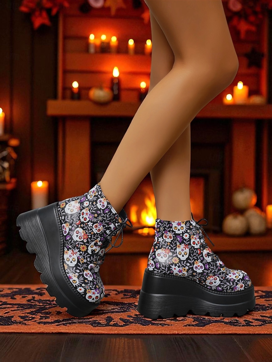 Botas femininas pretas plataforma com cadarço e caveira - botas góticas de cano curto com sola grossa para festas de outono, cosplay e dia dos mortos de 2025 por $34.99 –P5