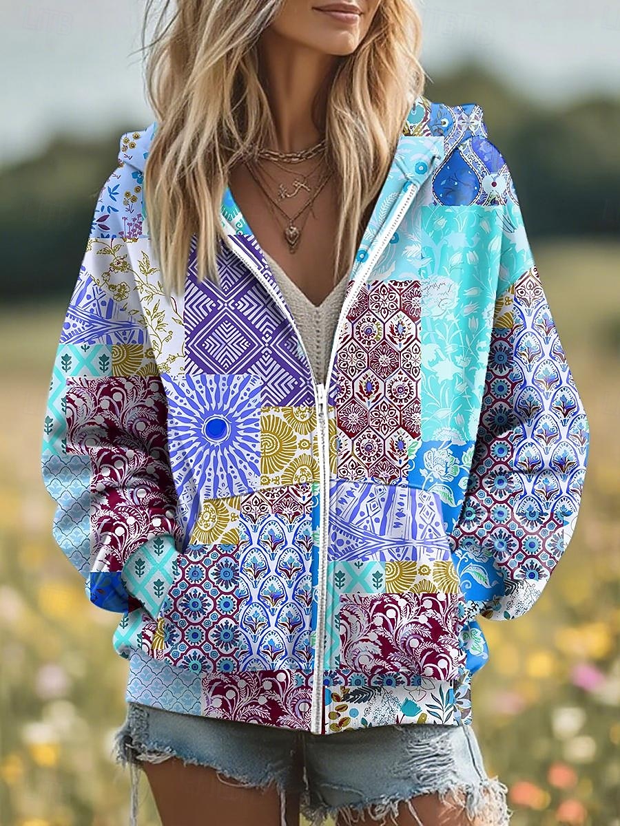 Kvinners 3D Print Zip Up Hetter Blomster Grafisk Motemessig Kledelig Langermet Hetter Vanlige Topper Gate Hverdagsklær Patchwork Glidelås Lomme Gul Rosa Blå Lilla Grønn Vår Høst 2025 - $26.99 –P2