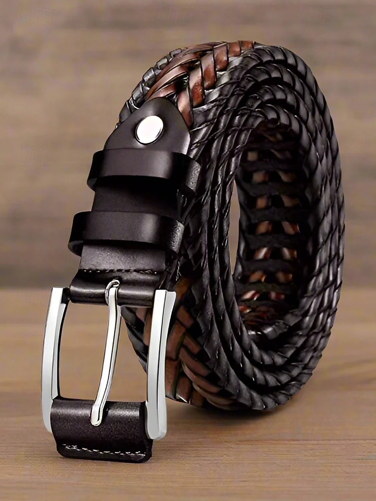 Pánský pletený opasek z pravé kůže – klasický tkaný design s leštěnou přezkou, odolný a nastavitelný doplněk v pase pro ležérní, obchodní a golfové outfity 2026 - $18.99 –P5