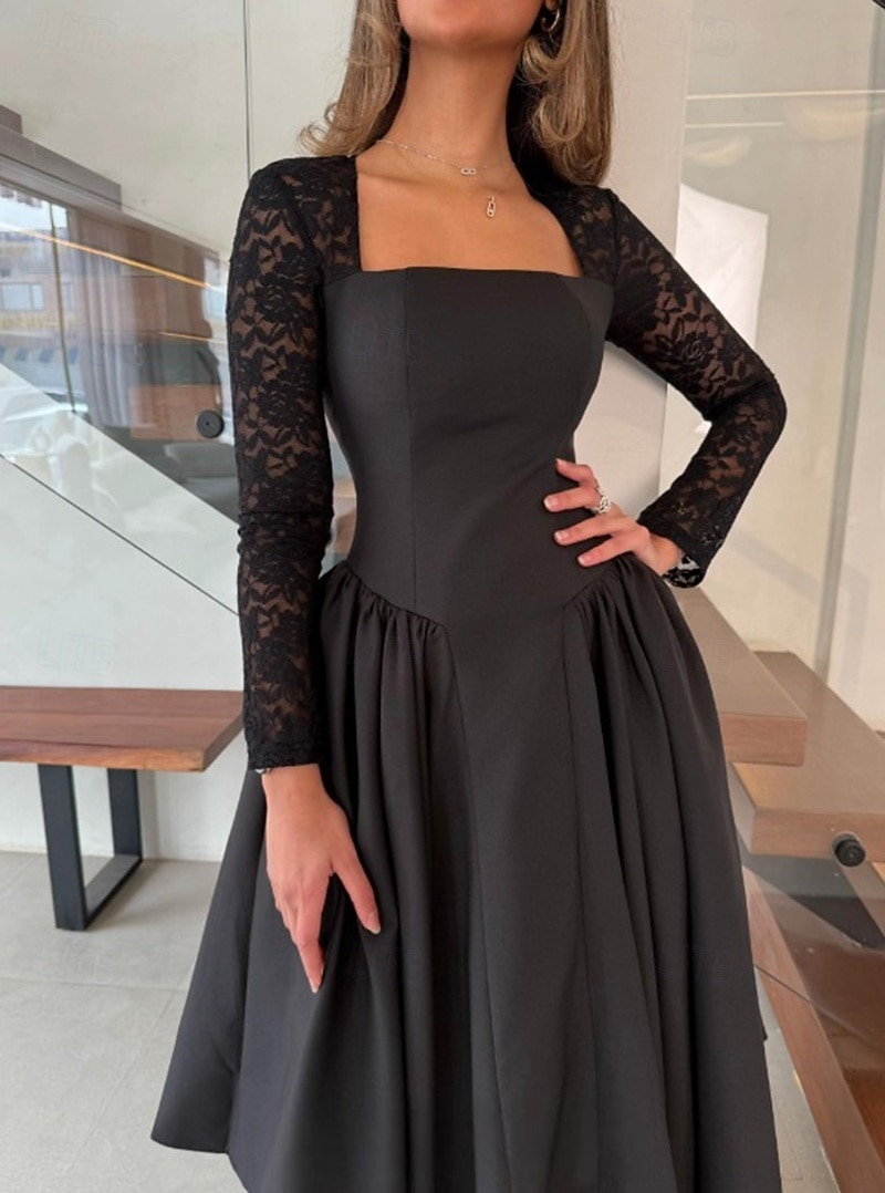 Robe de cocktail trapèze noire en crêpe extensible à manches longues, robe de soirée élégante, longueur thé, longueur midi, col carré, dentelle extensible avec poche froncée, 2025 de 2025 ? $138.99 –P1