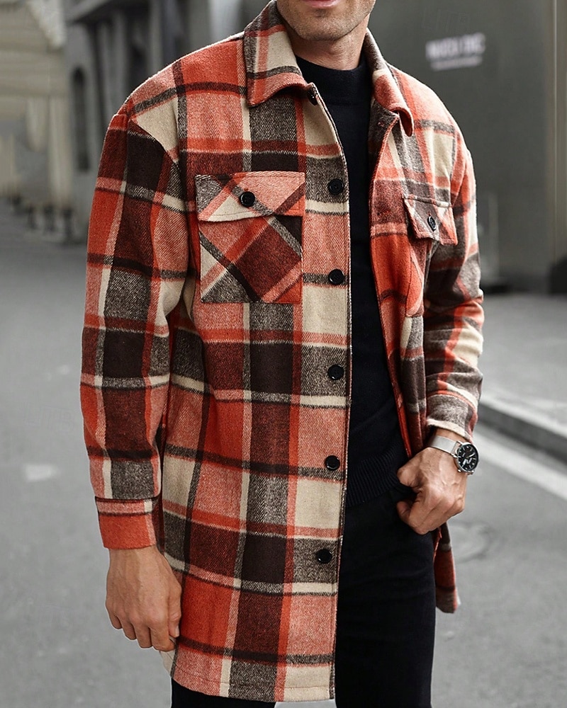 Bărbați Shacket Jachetă cămașă Jachete Iarnă Plisat Vacanță Purtare Zilnică Negru Roșu Vin Portocaliu Kaki Manșon Lung Rever Toamnă Iarnă Îmbrăcăminte Buzunar 2025 - $51.99 –P11