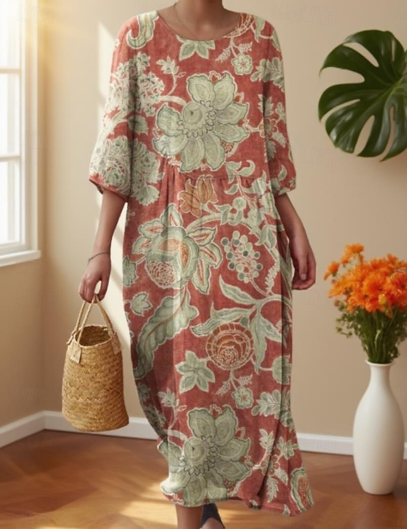 Mujer Vestido Midi Vestido informal Vestido Estampado Vintage africano Diario Playa Fin de semana Ajuste regular Floral Manga 3/4 Cuello Barco Rosa Rojo Fucsia Verde Trébol Otoño 2026 - $34.99 –P1