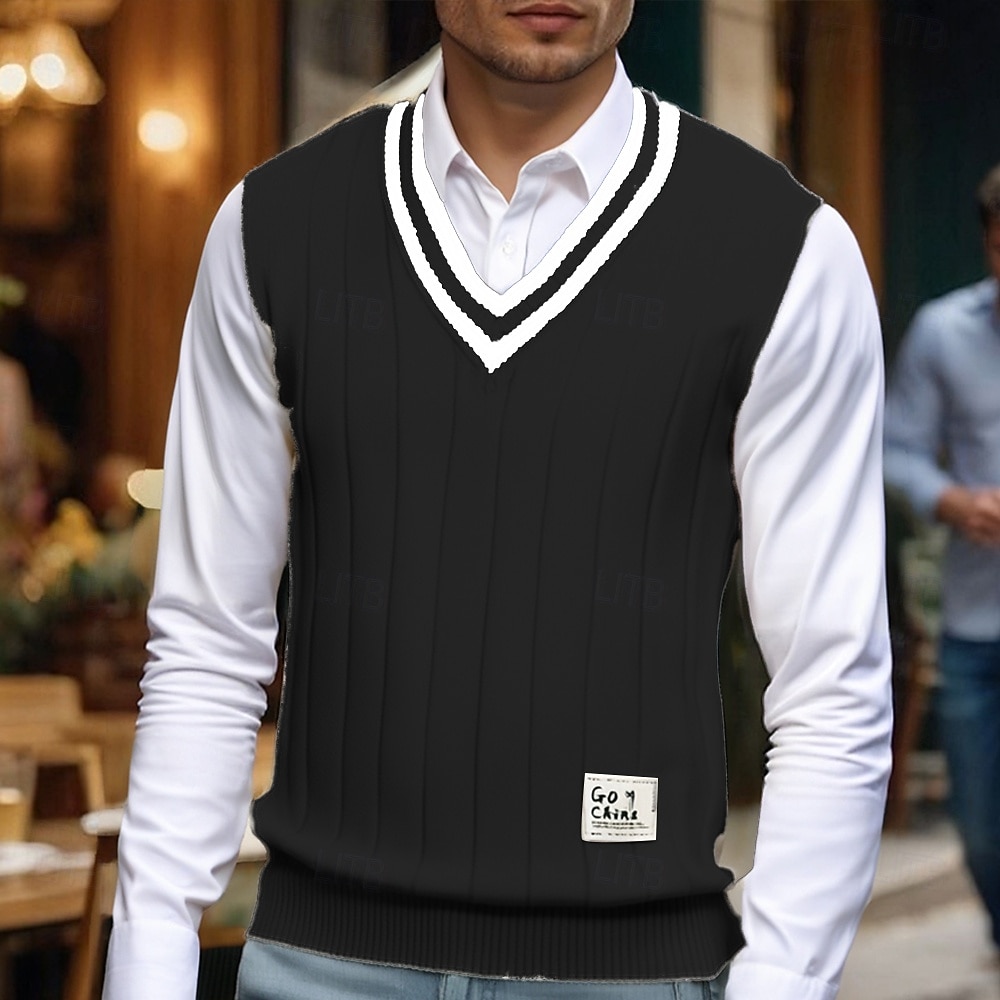 Herren Pullunder Kleid Pullover Pullover Weste Strickpullover Gerippt Stricken Normale Oberteile Gestrickt Einfach V Ausschnitt Mode Lässig Urlaub Alltagskleidung Bekleidung Herbst Winter Schwarz Weiß 2026 - $39.99 –P8