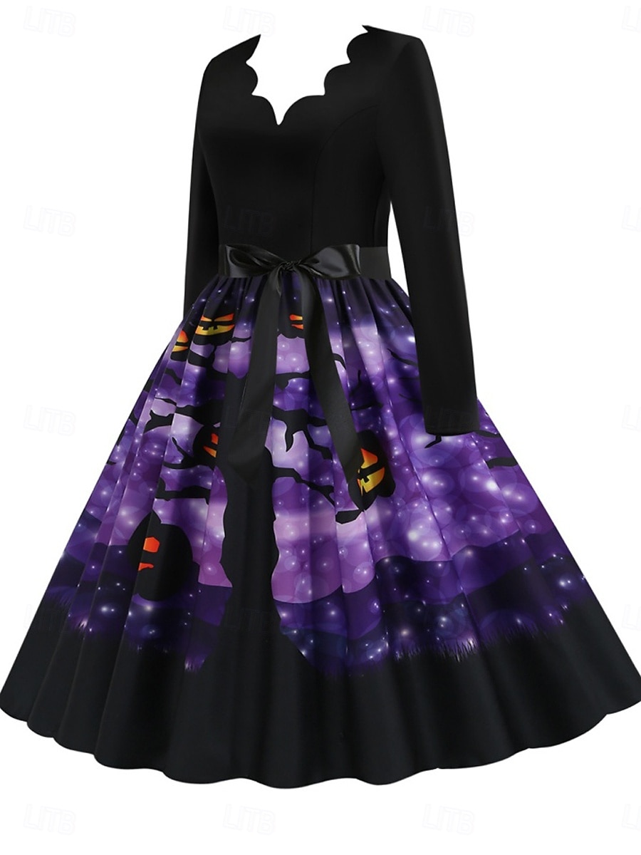 Rochie midi de Halloween pentru femei cu imprimeu de dovleac rochie în formă de A casual zi de zi vacanță croială regulată dovleac mânecă lungă guler în V galben albastru mov portocaliu vară 2025 - $28.99 –P5