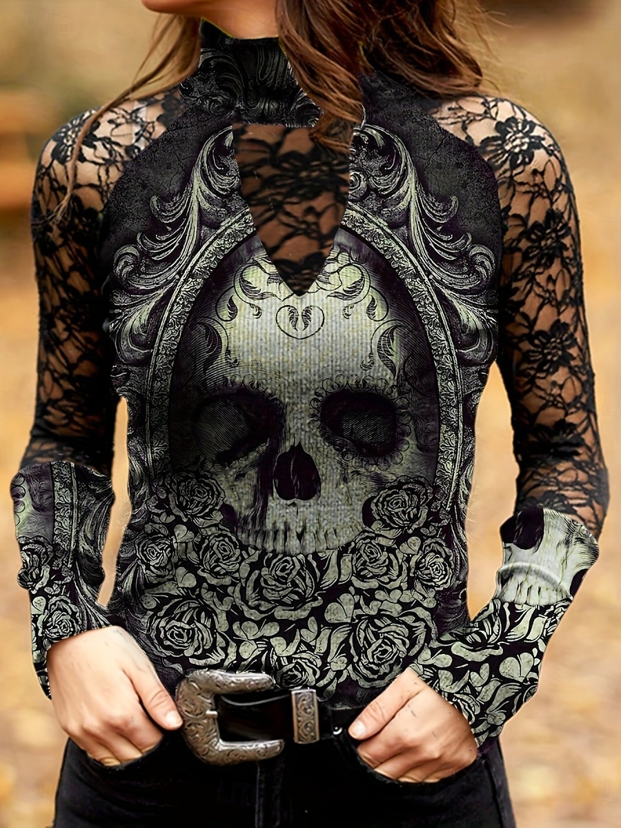 Dam Blus Vintage Rock Hippie Långärmad Hög Hals Vanliga Toppar Dagstryck Svart Grön Vår Höst Vinter 2026 - $22.99 –P3