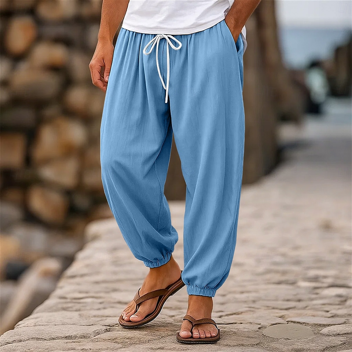 Herr Linne Byxor Långbyxor Sommarbyxor Joggarbyxor Elastisk midja Rakt ben Högsta stiga Ensfärgat Slät Komfort Andningsfunktion Fullängd Bröllop Helgdag Semester Mode Svart Vit Oelastisk 2025 - $23.99 –P5