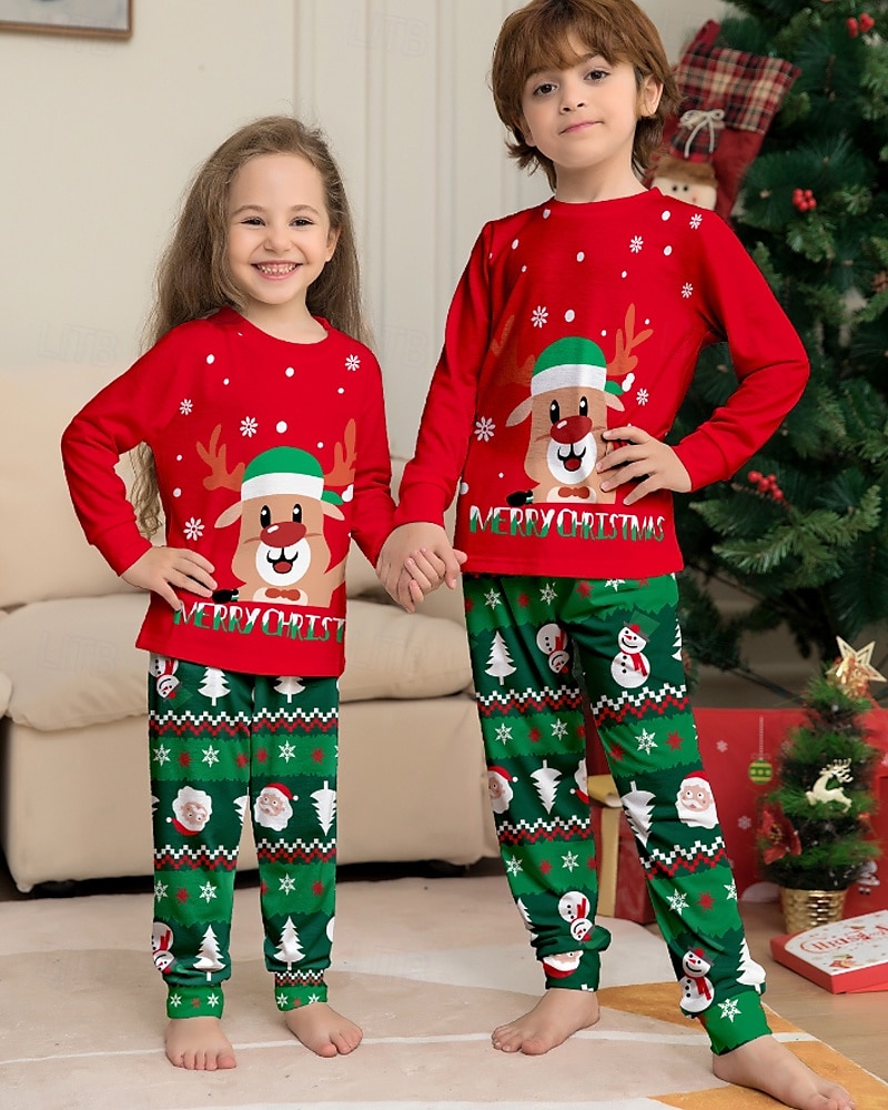 2025年 ファミリールック パジャマ クリスマス柄 家 プリント ルビーレッド 長袖 活発的 マッチング衣装  コレクション – $19.49 –P3